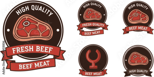 High quality beef meat icon set. High quality beef meat circle logo, badge, sticker, symbol, emblem, stamp, line, vector, isolated illustration. Fresh Beef meat label for product packaging design.