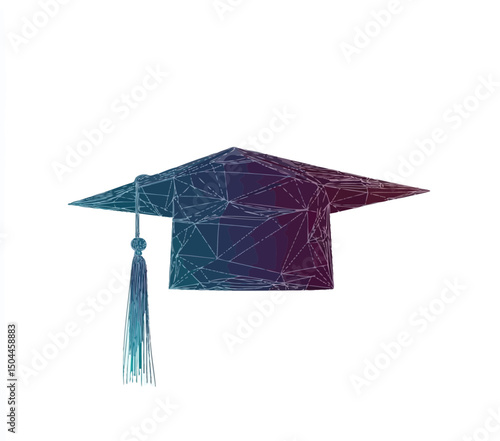 Abstract low polygonal wireframe graduation cap with tassel in blue and purple gradient isolated on white background for education concept design vector illustration