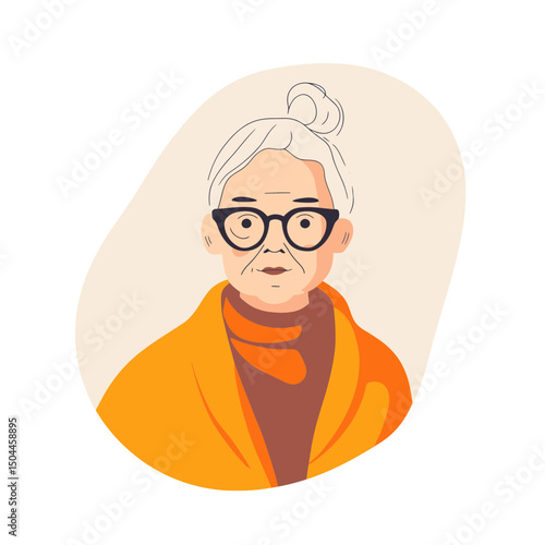 Portrait of elderly woman with white hair and bun wearing large black glasses and orange scarf in flat minimalistic style vector illustration