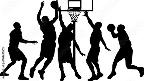 

"Silhouetted basketball players in motion—leaping, passing, and defending—set in a symmetrical composition with a hoop centered in the background. Uniform lighting and bold contrast on a white backg