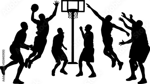

"Silhouetted basketball players in motion—leaping, passing, and defending—set in a symmetrical composition with a hoop centered in the background. Uniform lighting and bold contrast on a white backg