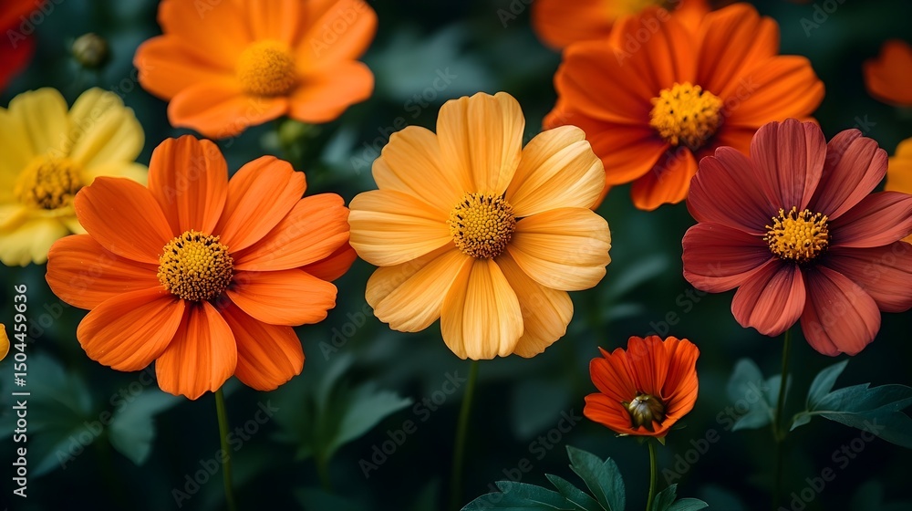 Close-up of vibrant orange, yellow, and red cosmos flowers in full bloom, set against a dark green foliage backdrop. The flowers exhibit a range of hues within the warm color palette Close-up of vibrant orange, yellow, and red cosmos flowers in full bloom, set against a dark green foliage backdrop. The flowers exhibit a range of hues within the warm color palette
