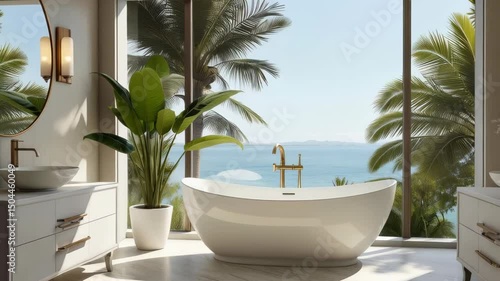 Explore quality bathroom furniture featuring a luxurious vanity, spacious tub, and breathtaking views of nature