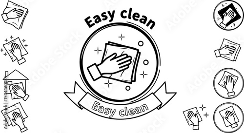 Easy clean icon set. Hand with napkin wiping a surface. Housekeeping symbol. Easy clean logo, label, badge, symbol, banner, circle, black, line, vector, isolated illustration. Cleaner service logo.