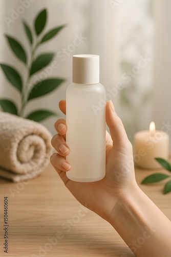 Frosted White Cosmetic Bottle Held in Hand – Clean Beauty Packaging Mockup with Spa Elements