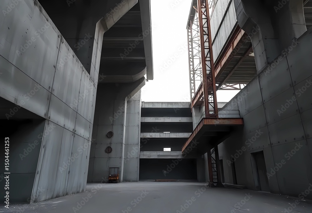 Fototapeta premium A post-industrial landscape with the geometry of abandoned architecture. Cold, ochre and rusty red colors, creating a sense of time stopped in space. Emphasizes the aesthetics of emptiness and urbanis