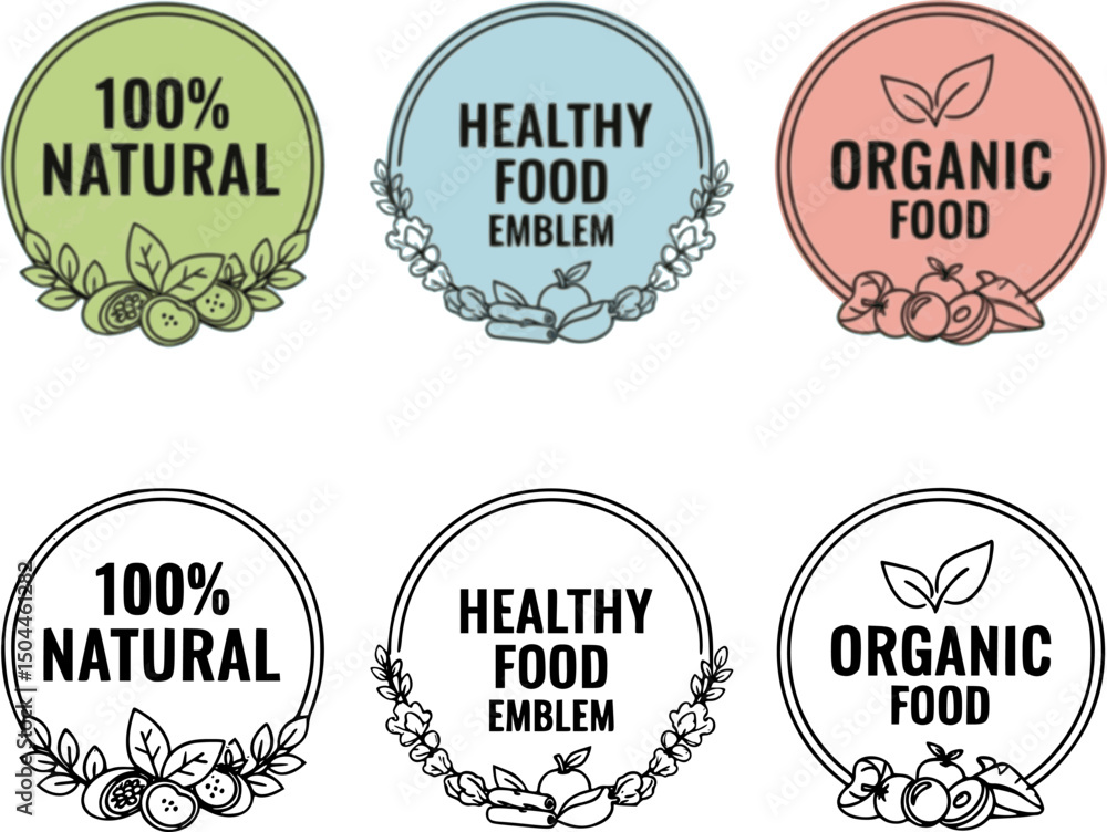 Obraz premium set of Set 100% Natural and organic Product Vector Icon Circle Sign. Healthy Food Emblem. Organic food Badge.