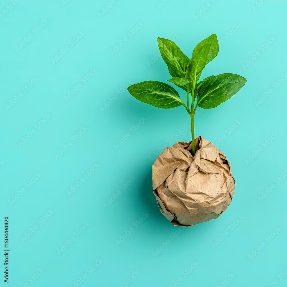 Obraz premium Sprouting green plant in paper ball on pastel background zero waste symbol