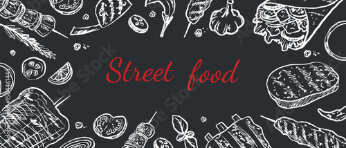 Chalk menu design for barbeque, street food cafe. Shawarma, doner kebab, steak, ribs with fresh vegetables in brush stroke texture. Hand drawn vector sketch illustration in vintage charcoal ink style