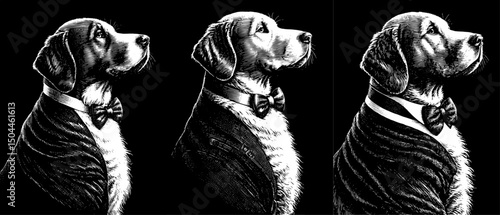 Anthropomorphic  Dogs in Tuxedos and in a bow tie in a black and white vintage woodcut engraved ink style. Hand drawn illustration. Against Black Background