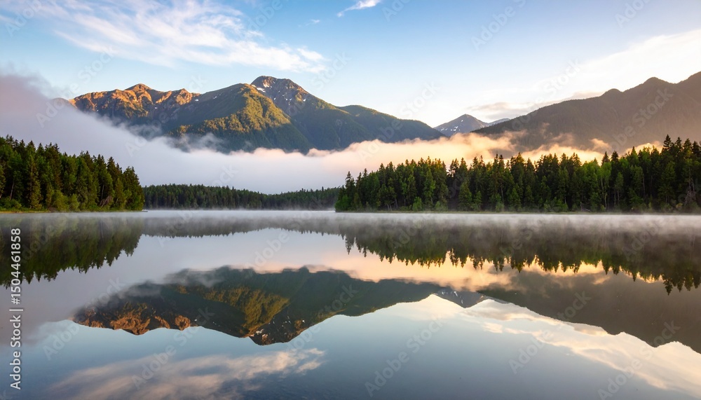 A serene morning view with mist floating over a calm lake in Mission, BC, Canada, A serene morning view with mist floating over a calm lake in Mission, BC, Canada,