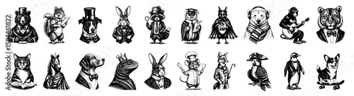 Diverse Anthropomorphic Animals in a black and white vintage woodcut engraved ink style. Hand drawn illustration.