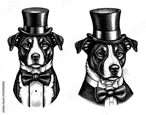 Anthropomorphic Jack Russell Terrier dogs in top hats and bow ties sophisticated gentlemanly  in a black and white vintage woodcut  engraved ink style. Hand drawn illustration.