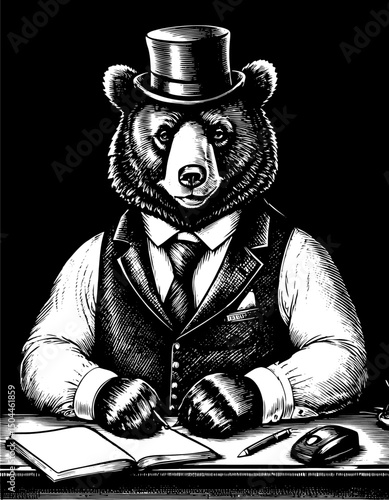 An anthropomorphic bear gentleman in top hat and waistcoat in a black and white vintage woodcut engraved ink style. Hand drawn illustration against black background.
