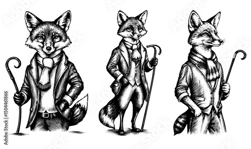 Anthropomorphic foxes in suits gentlemanly posing in a black and white vintage woodcut engraved ink style. Hand drawn illustration.