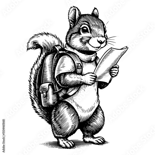 Anthropomorphic Adventurous Squirrel Explorer with Backpack and Map in a black and white vintage woodcut engraved ink style. Hand drawn illustration.