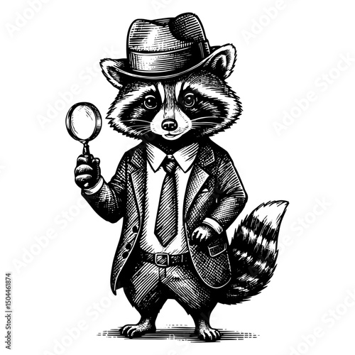 Anthropomorphic Raccoon Detective  Holding Magnifying Glass in a black and white vintage woodcut engraved ink style. Hand drawn illustration.