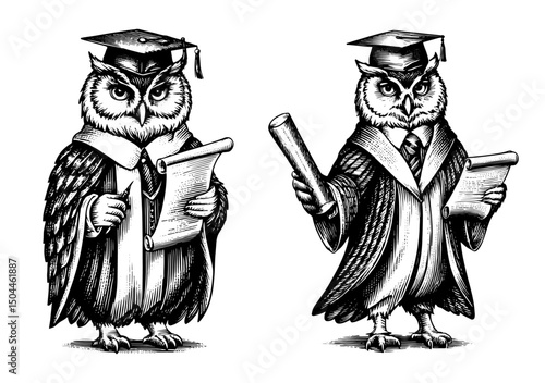 Anthropomorphic Graduate Owl with scroll in a black and white vintage woodcut engraved ink style. Hand drawn illustration.