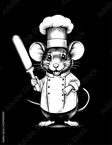 Anthropomorphic  Mouse Chef holding a spatula in a black and white vintage woodcut engraved ink style. Hand drawn illustration. against black background