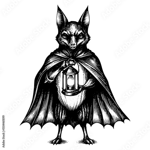 Anthropomorphic Bat in a raincoat with lantern in a black and white vintage woodcut engraved ink style. Hand drawn illustration.