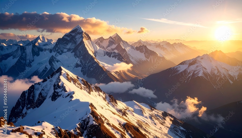 Obraz premium A stunning snow-covered mountain range at sunrise, with jagged peaks illuminated