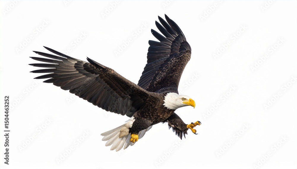 Fototapeta premium Flying bald eagle isolated on white background.