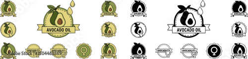 Avocado oil icon set. Avocado with oil drop label, logo, badge, sticker, symbol, emblem, stamp, circle, line, flat vector isolated on white background. Avocado oil label for product packaging design.