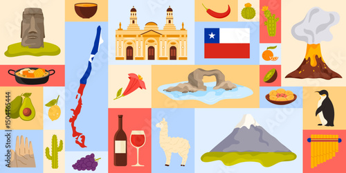 Travel to Chile and Santiago, geometric banner design with Chilean elements of culture, landmarks and food. Map with country flag, llama and mountain, cathedral building cartoon vector illustration