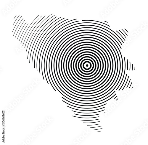 Abstract map of Bosnia and Herzegovina showing the country with concentric black tapering lines