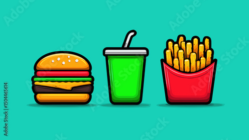 Fast food meal featuring a burger, soda, and fries on a bright turquoise background in a playful illustration style