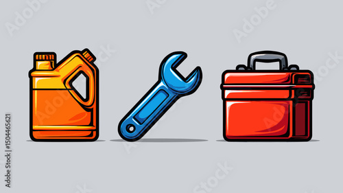 Tool kit featuring orange oil bottle, blue wrench, and red toolbox for DIY projects and repairs