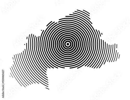 Abstract map of Burkina Faso showing the country with concentric black tapering lines