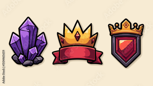 Colorful game assets depicting a crystal, a crown, and a shield for fantasy adventures and quests
