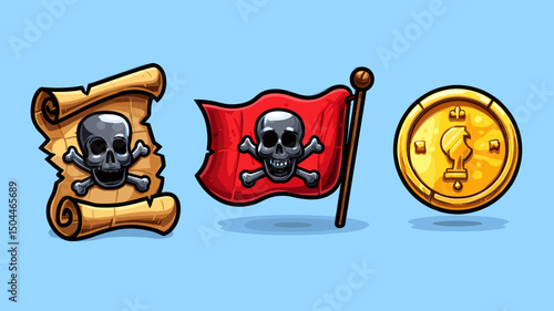 Skull and crossbones symbols featuring a pirate flag, treasure map, and gold coin in a colorful digital design