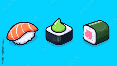 Colorful sushi platter featuring nigiri, maki rolls, and wasabi against a bright blue background
