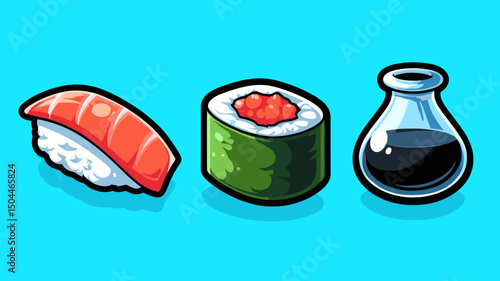 Sushi platter with fresh salmon, maki, and soy sauce displayed on a vibrant blue background