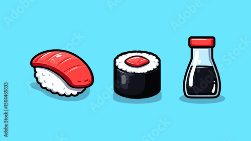 Colorful sushi and soy sauce illustration featuring different types of sushi on a bright blue background