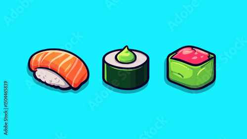 Sushi rolls and wasabi displayed on a vibrant blue background in a modern artistic style
