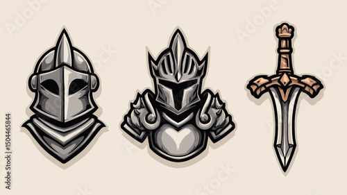Detailed illustration of three medieval armor pieces and a sword showcasing traditional craftsmanship and design