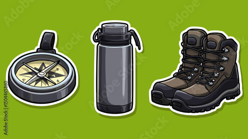 Gear essentials for outdoor adventures including a compass, water bottle, and hiking boots