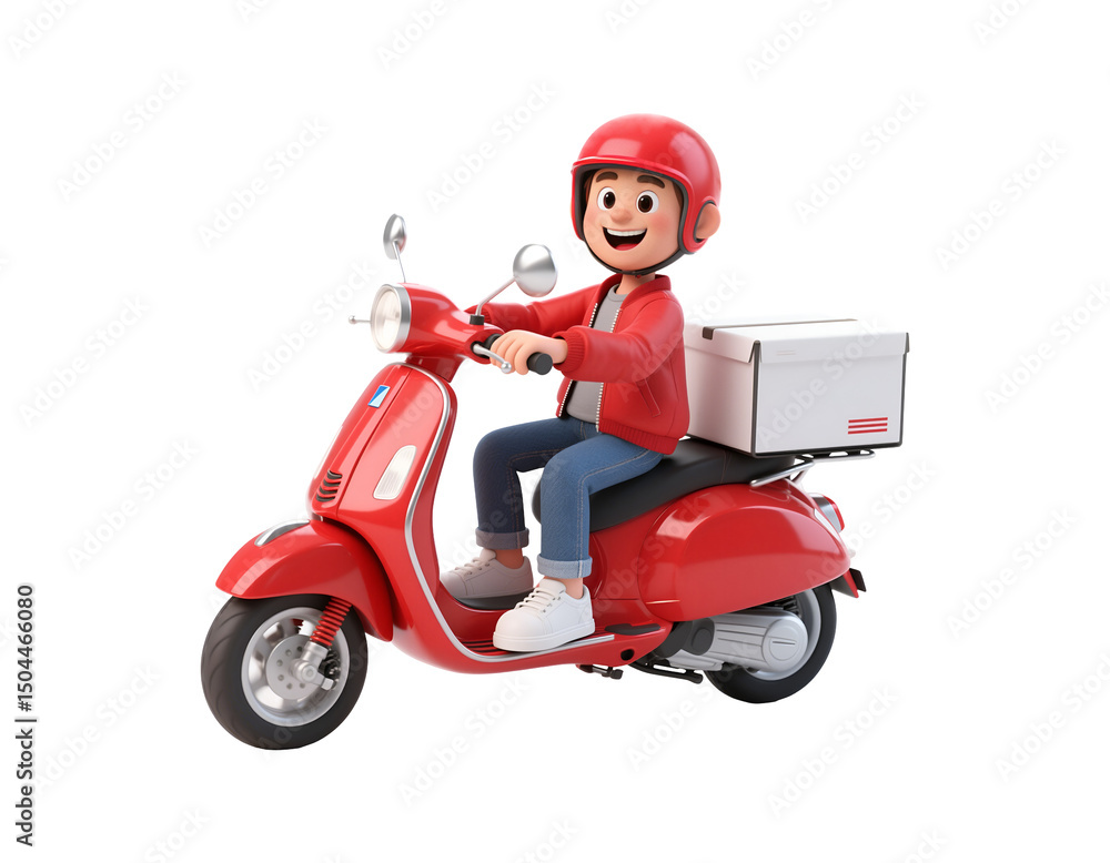 Cartoon delivery boy on red scooter isolated on transparent background Cartoon delivery boy on red scooter isolated on transparent background