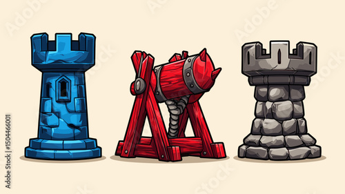 Artistic depiction of fantasy castle towers and a catapult in a colorful design