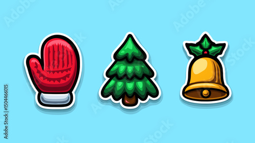 Winter themed icons featuring a red mitten, a green Christmas tree, and a golden bell on a blue background