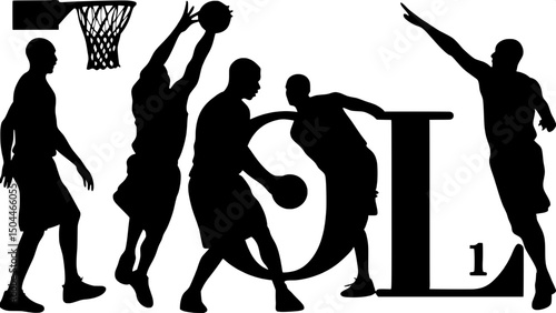 "Multiple black silhouette basketball players performing varied athletic actions—shooting, passing, dribbling—surrounding a central hoop in a balanced layout. A ball lies below, and a standout player 
