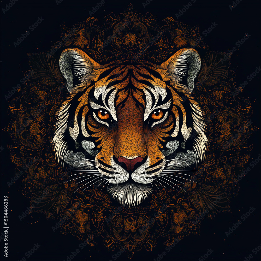 Tiger head mandala illustration with intricate details on dark background Tiger head mandala illustration with intricate details on dark background