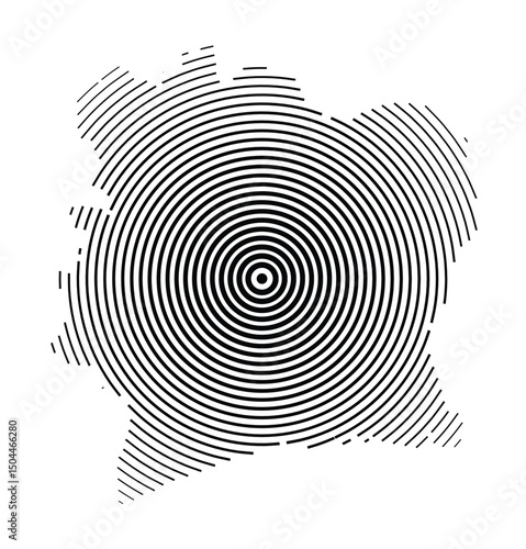 Abstract map of Ivory Coast showing the country with concentric black tapering lines