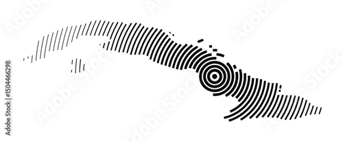 Abstract map of Cuba showing the country with concentric black tapering lines