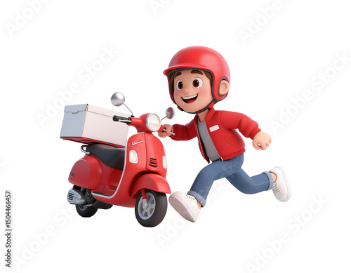 Cartoon delivery boy running with scooter isolated on transparent background
