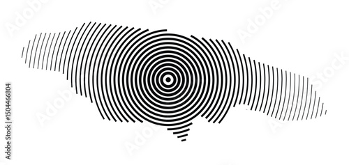 Abstract map of Jamaica showing the country with concentric black tapering lines