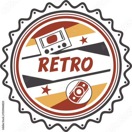 Retro Emblem with Vintage Cassette and Camera Design Featuring Striped Background